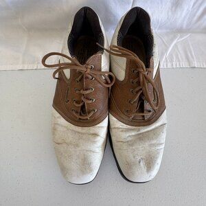 Nike Men's Brown and White Leather Golf Shoes Size 11 Soft Spikes Worn Condition